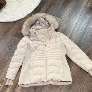 Women's Beige Hooded Jacket with Faux Fur Trim Michael Kors size Large New